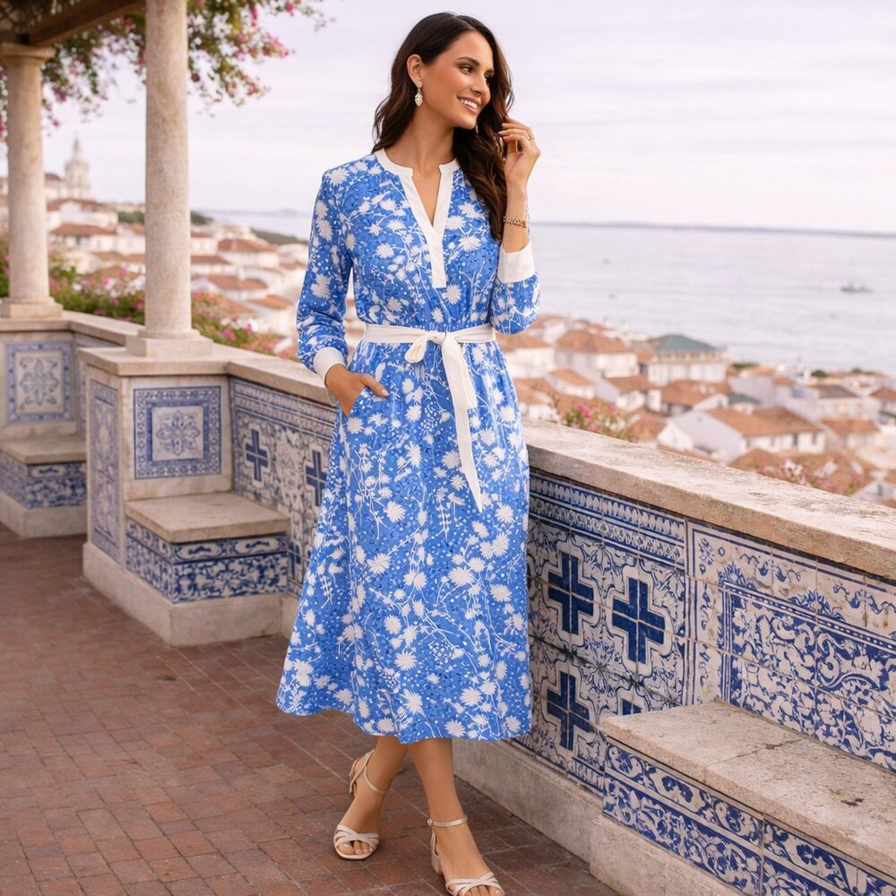 Capri Blue & White Dancing Flowers Belted Fit & Flare Shirtdress - NEW